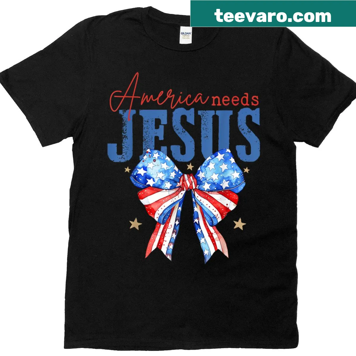 T-shirt featuring USA flag and 'America Needs Jesus' text — on a men's t-shirt