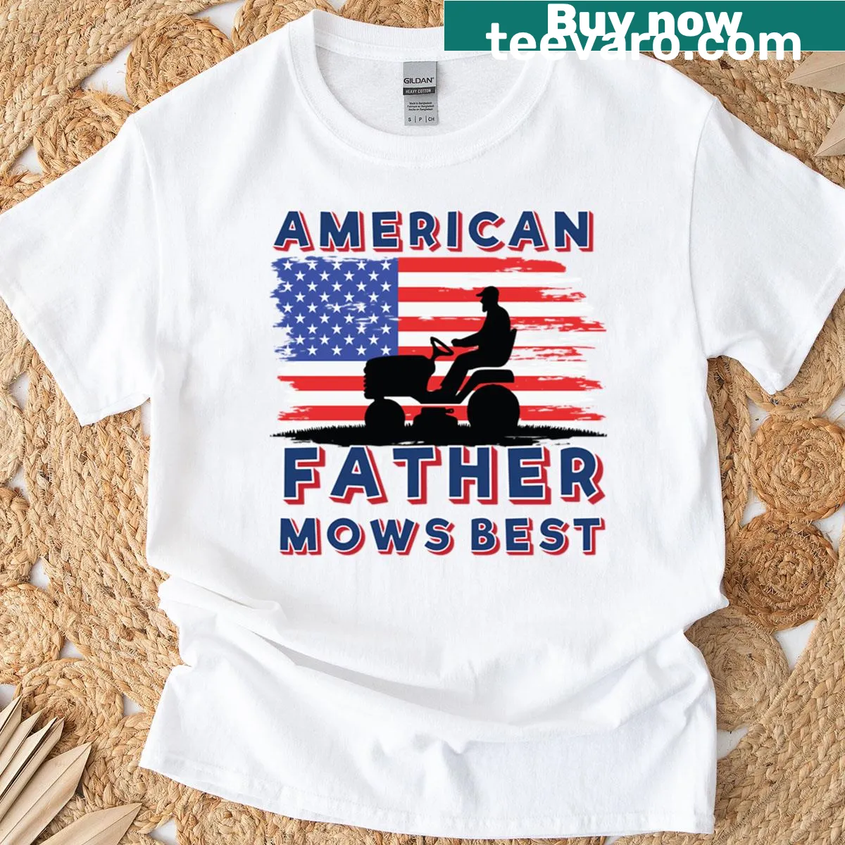 Humorous American Father Mows Best T-shirt designed for dads — on a men's t-shirt