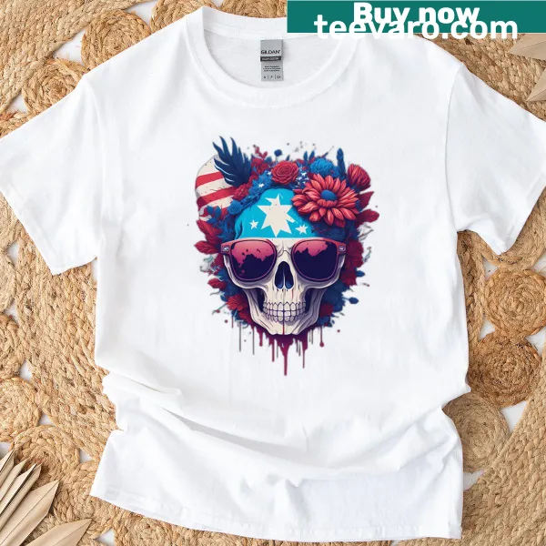 Floral skull and American flag design July 4th T-shirt