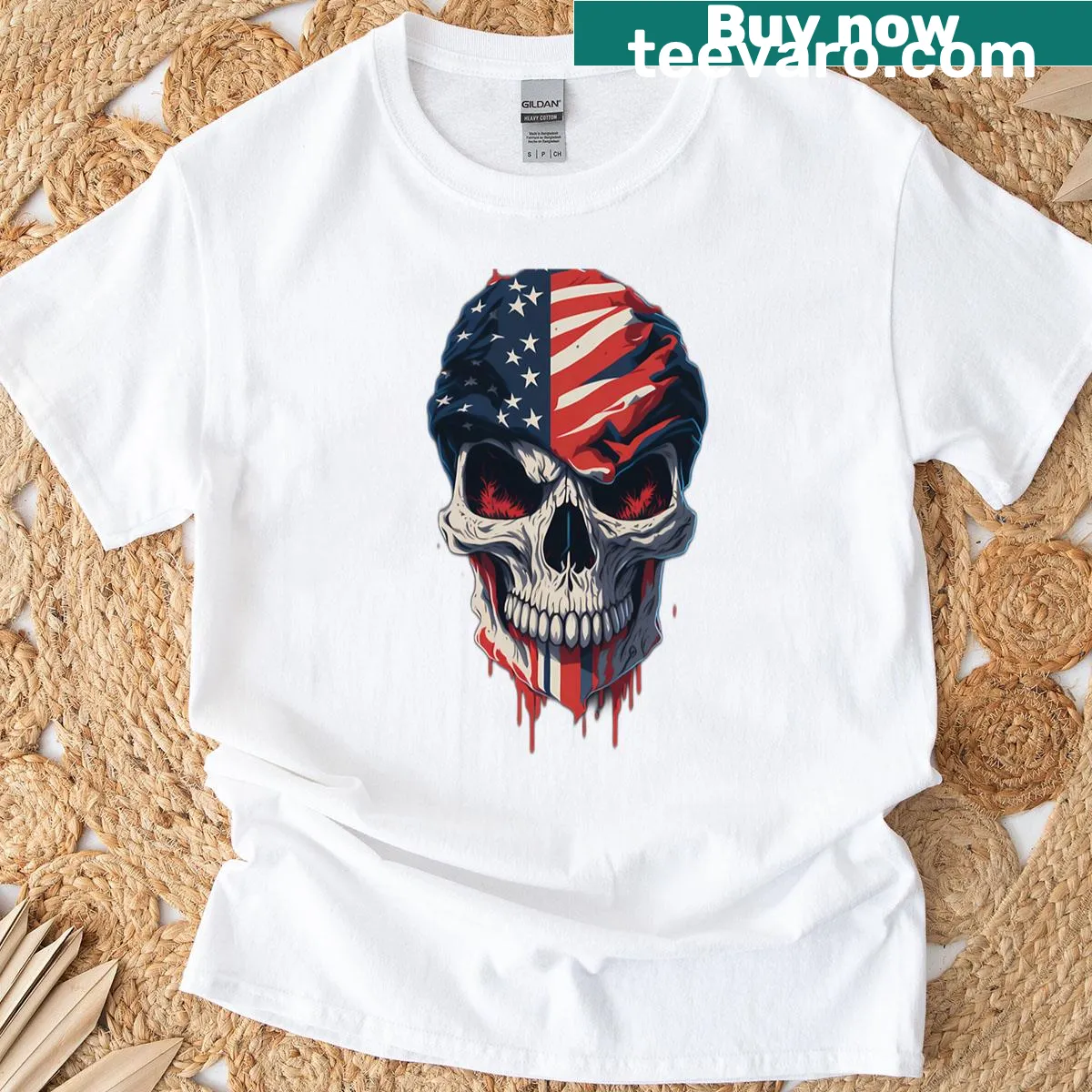 T-shirt featuring a skull with an American flag design — on a men's t-shirt