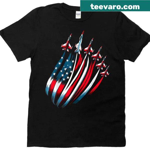 Fighter jets above a waving American flag on a festive t-shirt