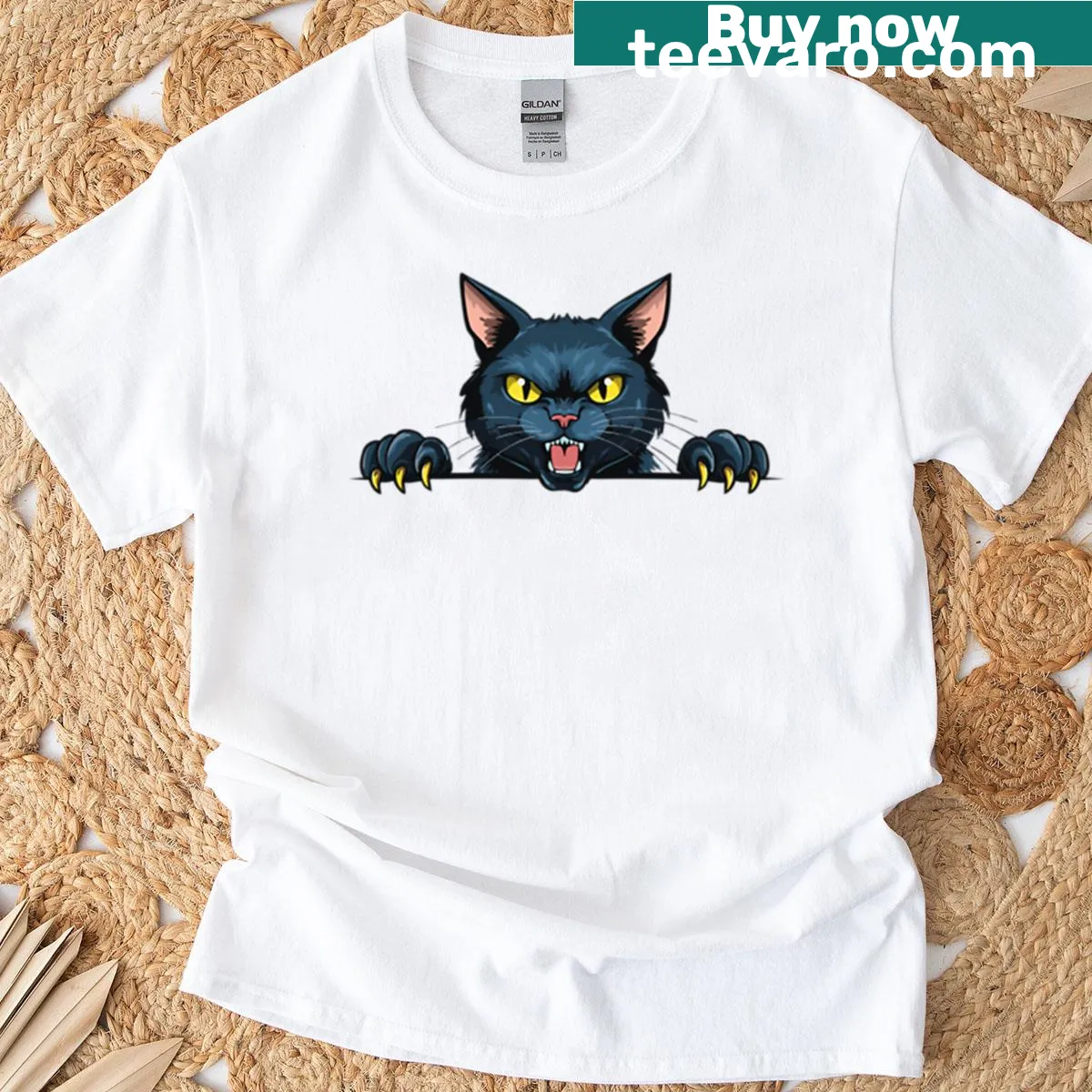 Angry black cat graphic for Halloween-themed T-shirt — on a men's t-shirt