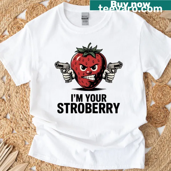 T-shirt featuring a cartoon strawberry character holding guns in monochrome