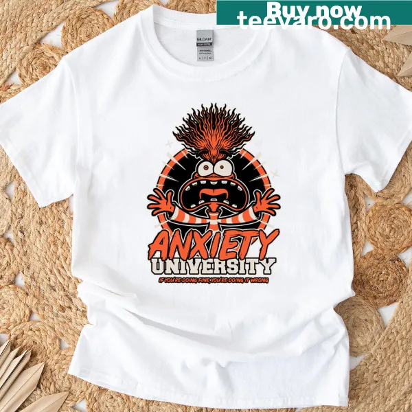 T-shirt with an animation character graphic and 'Anxiety College' text