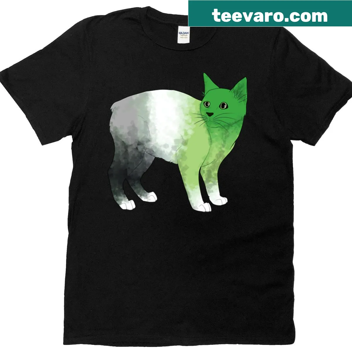 Illustration of a cute cat representing aro pride — on a men's t-shirt