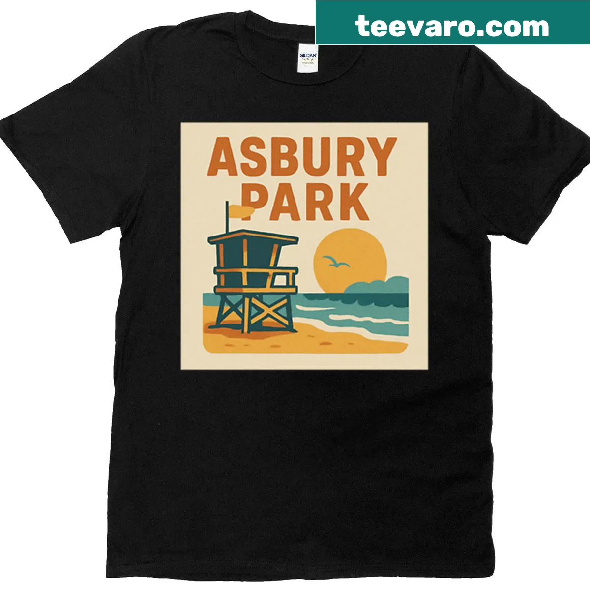 Lifeguard lookout themed t-shirt with beach-inspired typography — on a men's t-shirt