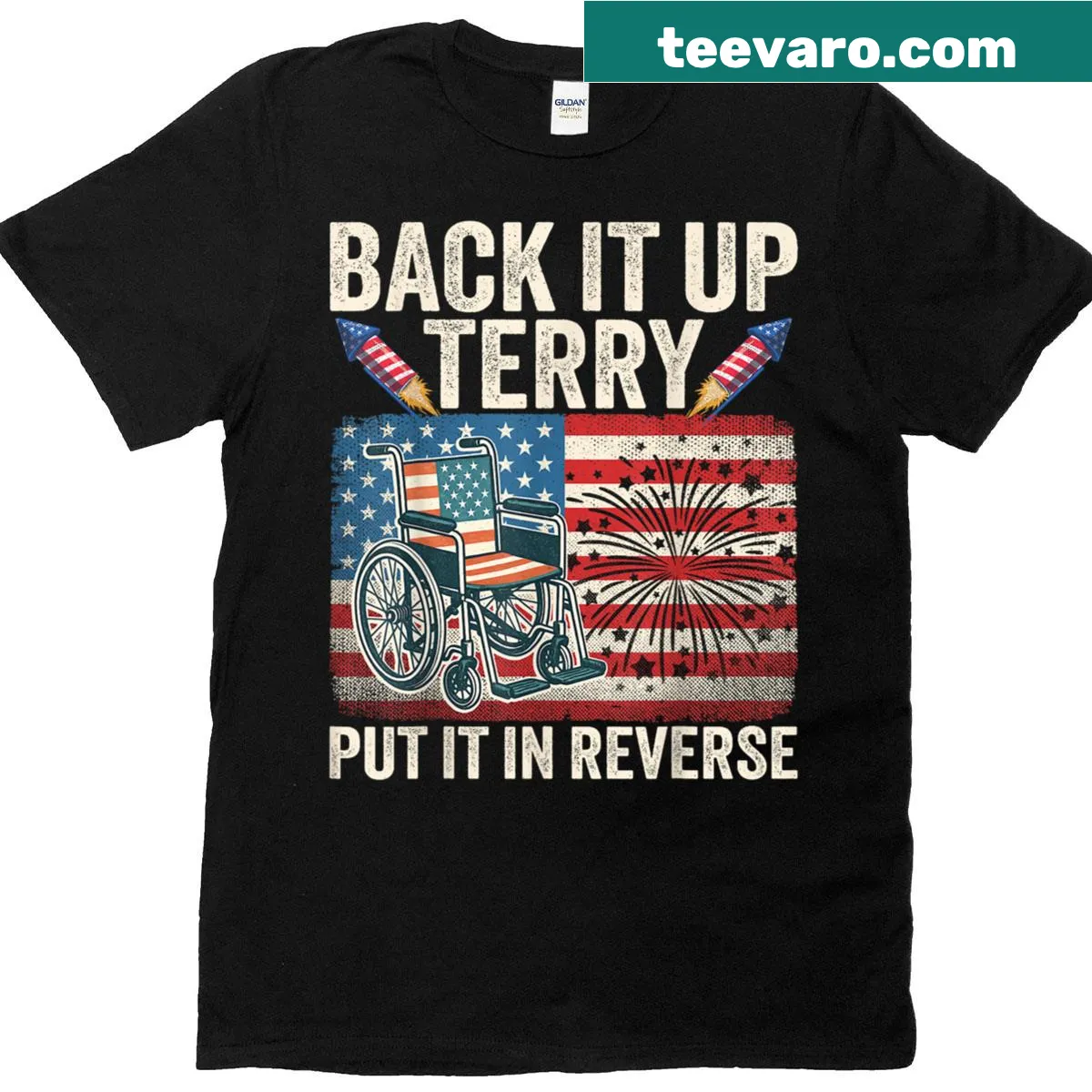 T-shirt with American flag and text 'Back It Up Terry Put It In Reverse' — on a men's t-shirt