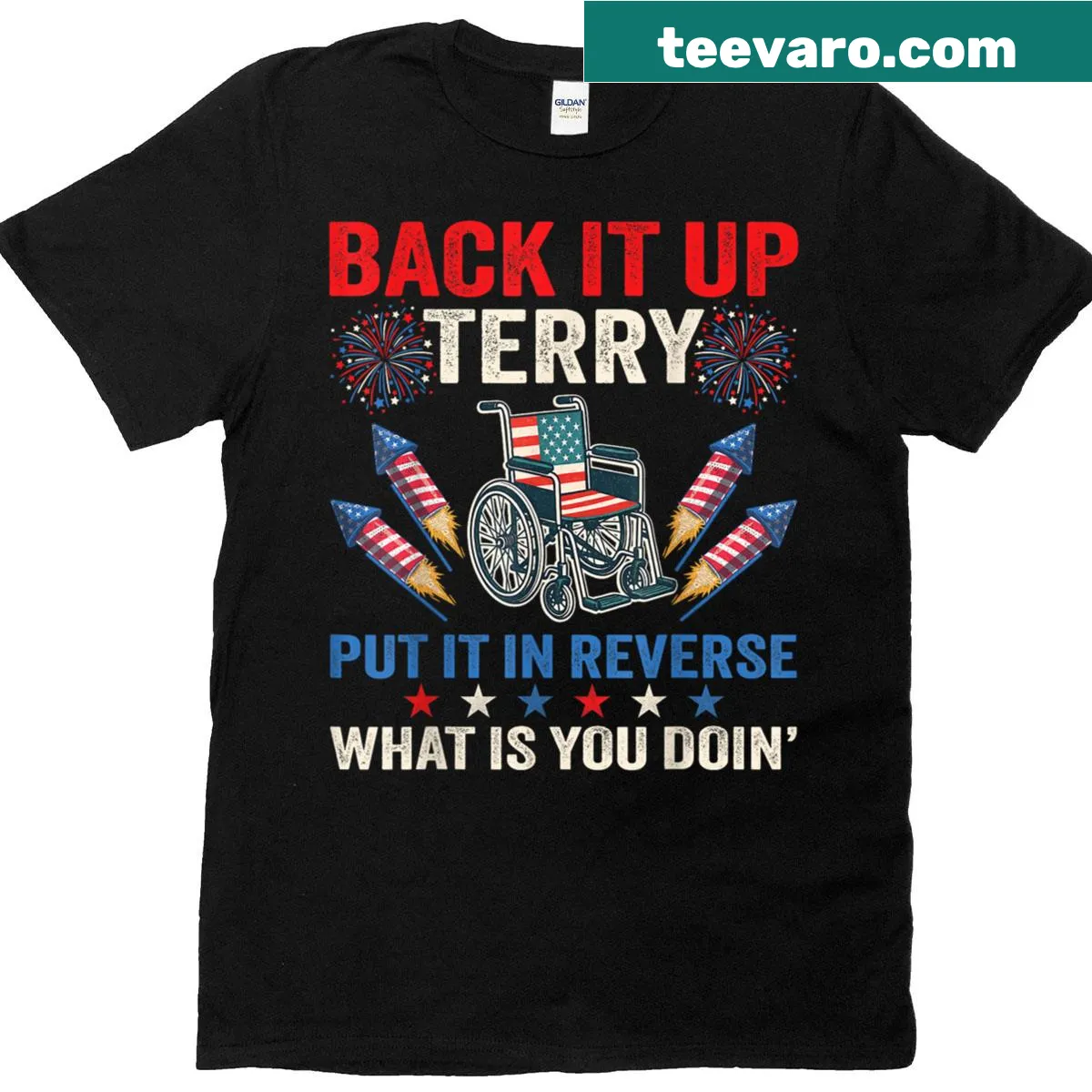 Funny Fourth of July shirt with 'Back It Up Terry' and fireworks — on a men's t-shirt