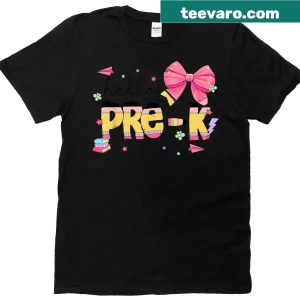 Cute T-shirt with 'Hello Pre-k Teacher' text and pencil bow design.
