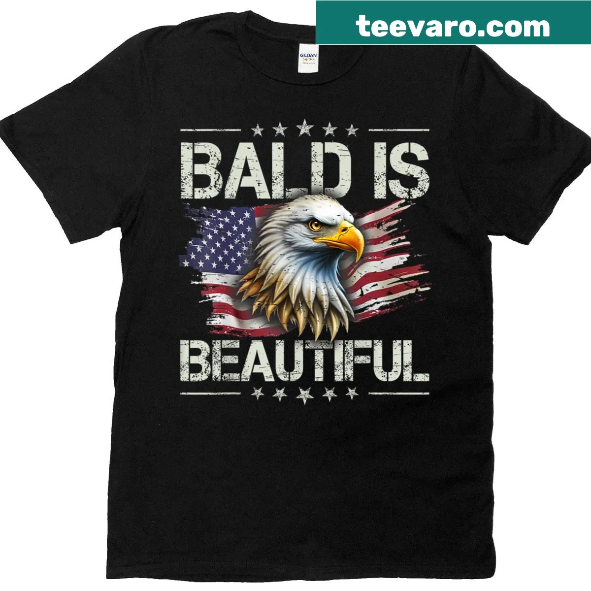 Patriotic T-shirt with 'Bald Is Beautiful' and eagle graphic for Fourth of July. — on a men's t-shirt