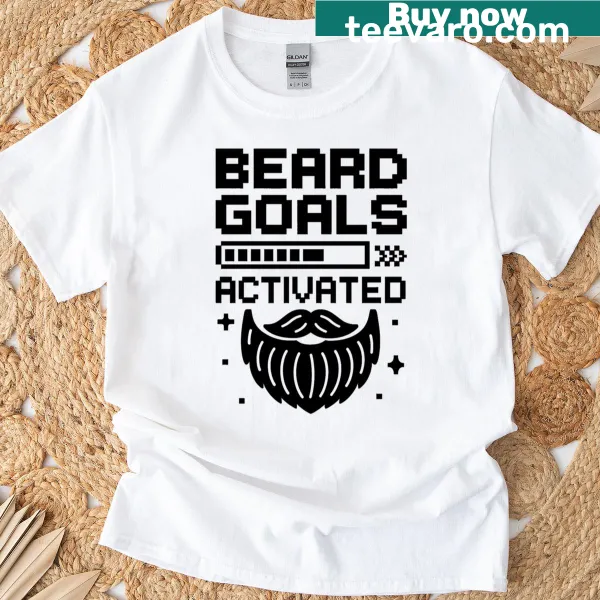 Pixel art T-shirt featuring a beard graphic with 'Beard Goals Activated' text