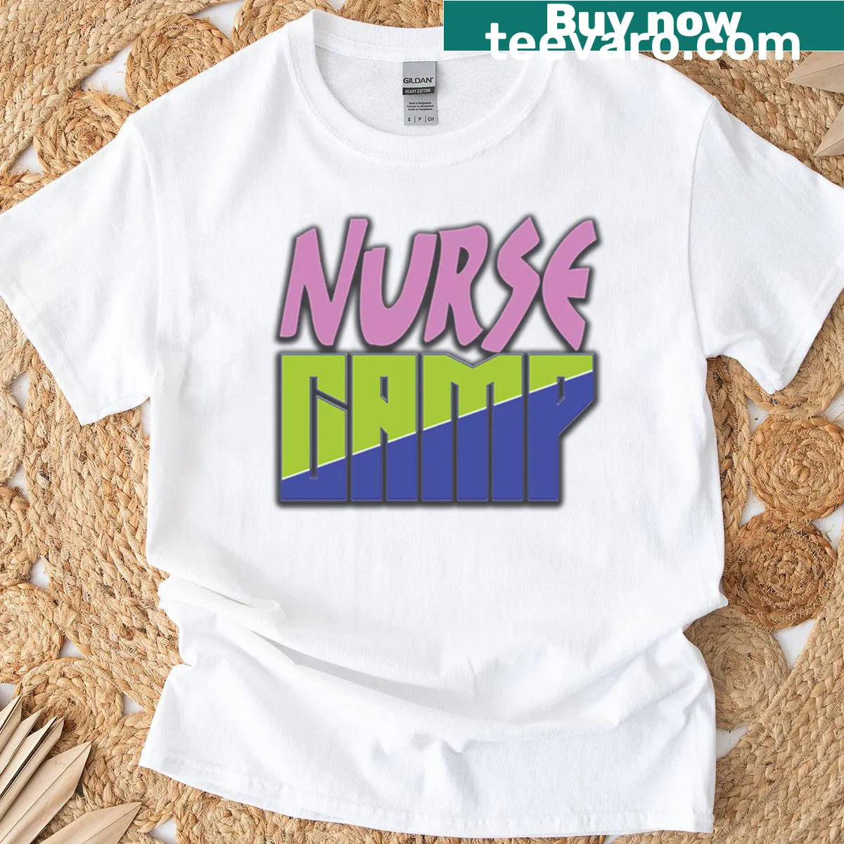 Retro summer camp inspired nurse t-shirt with humorous design — on a men's t-shirt