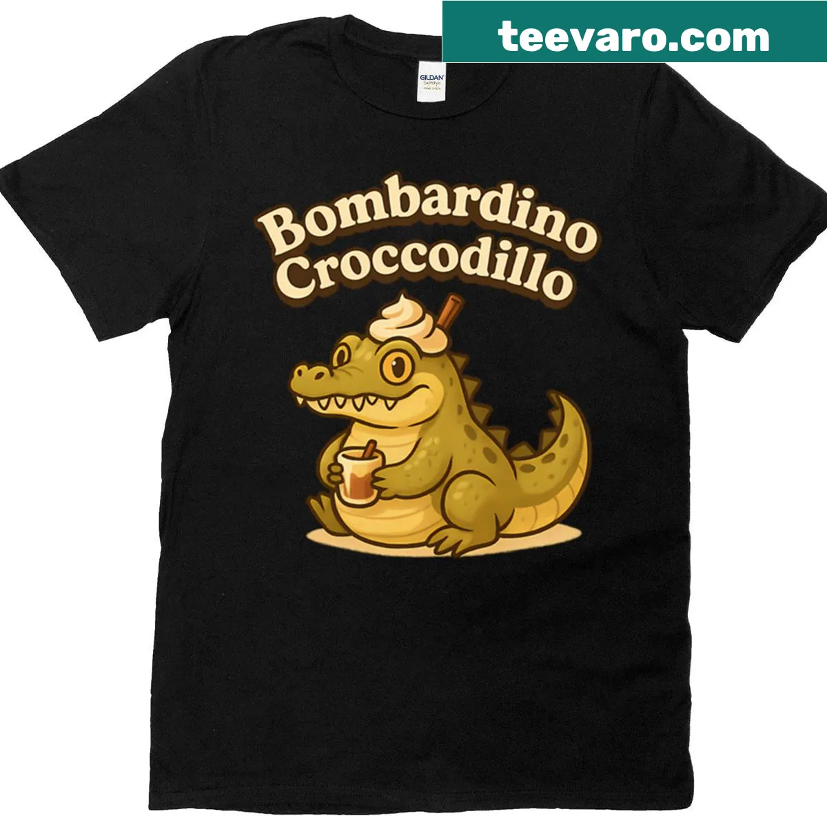 Humorous oversized T-shirt with 'Bombardino Croccodillo Dessert Beast Of Italy' text — on a men's t-shirt