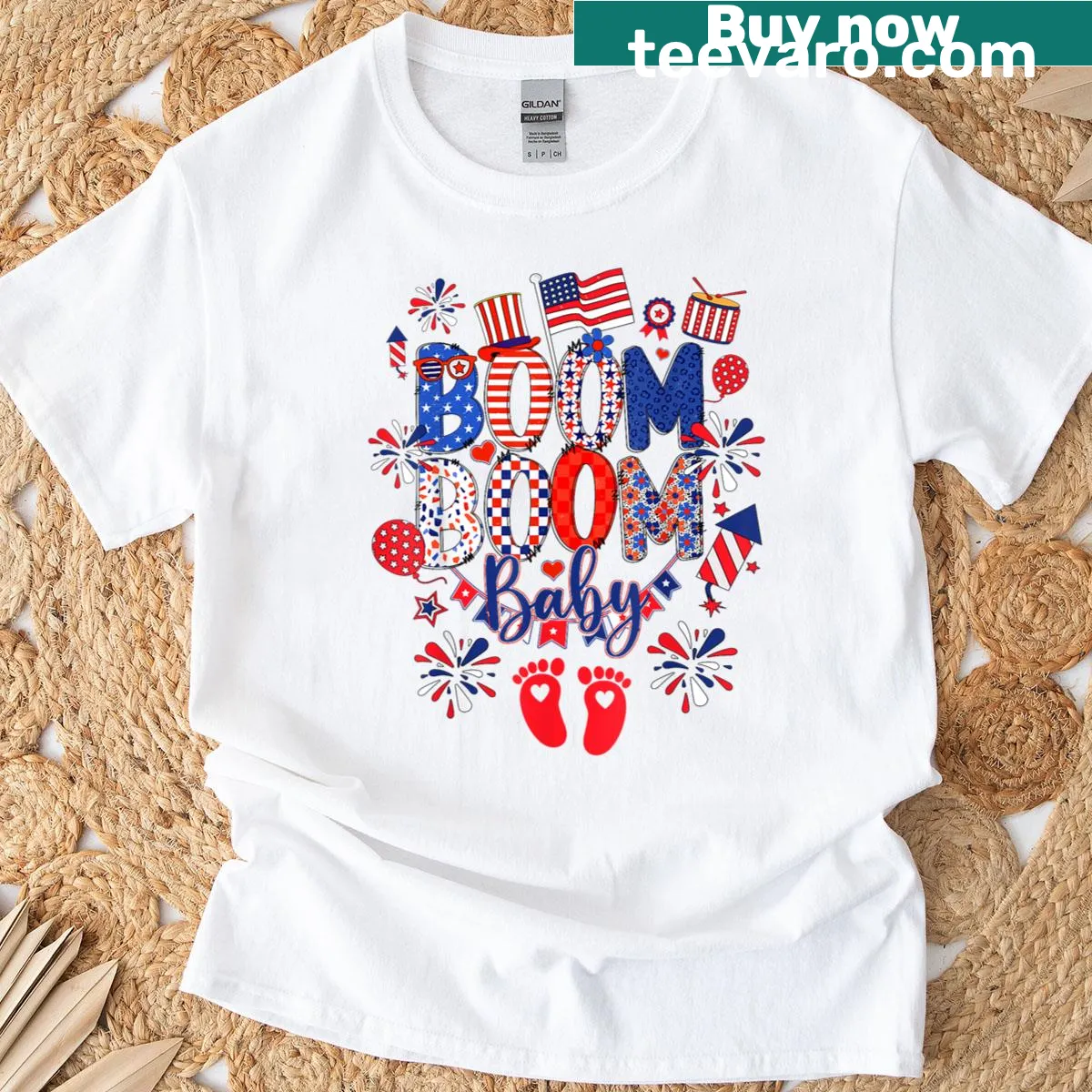 Patriotic pregnancy reveal t-shirt with 'Boom Boom Baby' text — on a men's t-shirt
