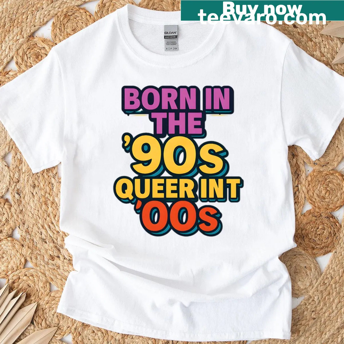 Retro typography design celebrating being born in the 90s and queer — on a men's t-shirt