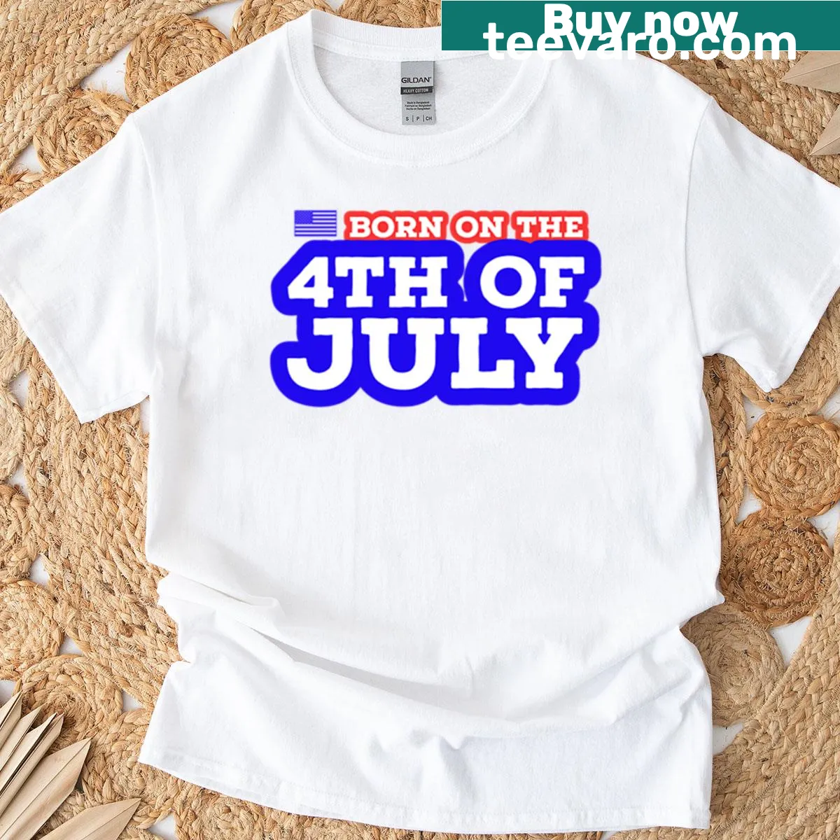 Patriotic t-shirt celebrating being born on July 4th with flag elements — on a men's t-shirt