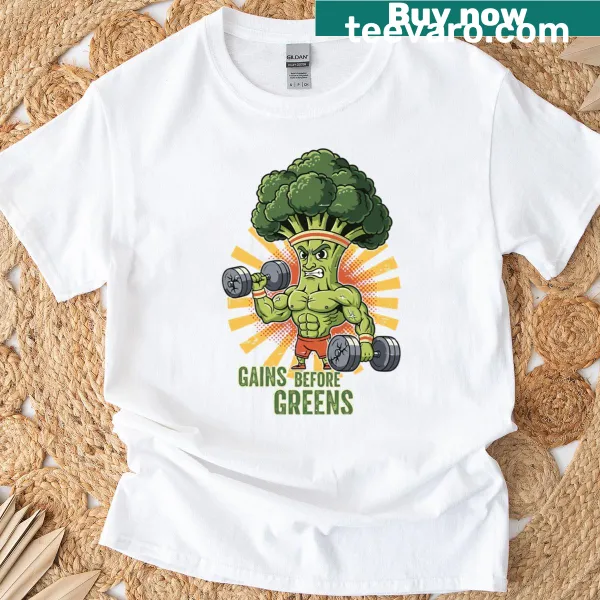 Funny Broccoli Bodybuilder T-shirt with gains slogan and cartoon graphic
