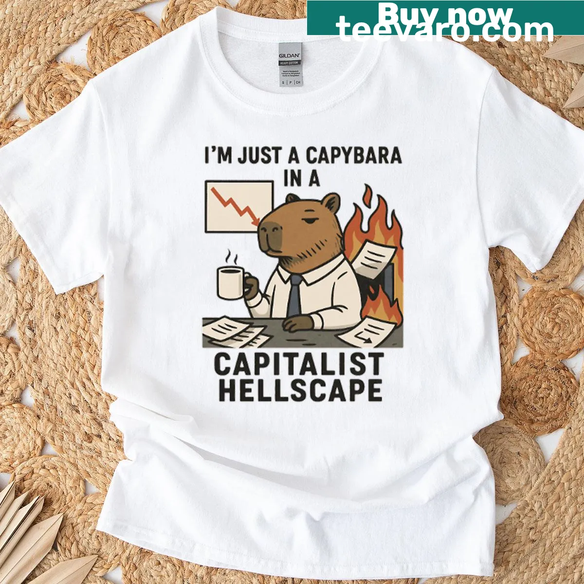 Edgy Capitalist Hellscape Capybara t-shirt with bold graphic illustration — on a men's t-shirt