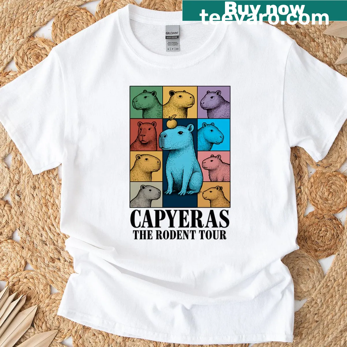 Whimsical Capybara Eras Tour t-shirt featuring capybaras in historical fashions — on a men's t-shirt
