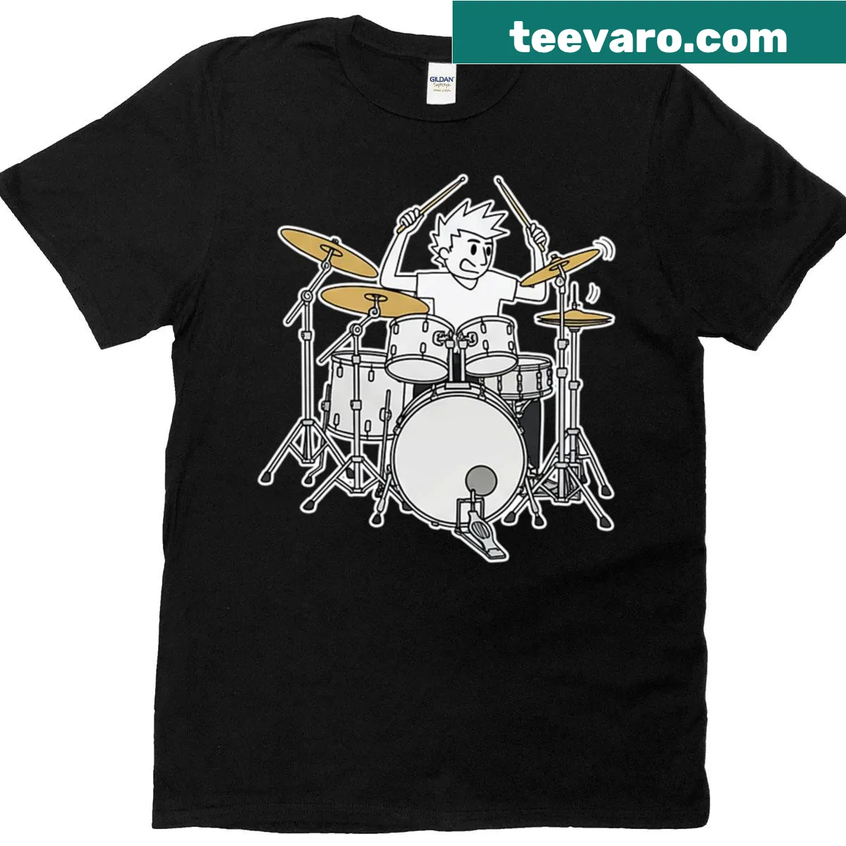 Cartoon drummer graphic on a funny T-shirt — on a men's t-shirt