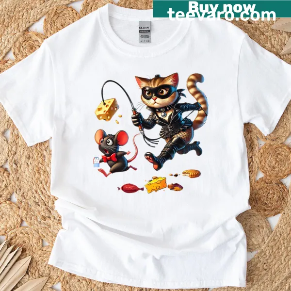Illustration of cat in boots chasing a rat with cheese