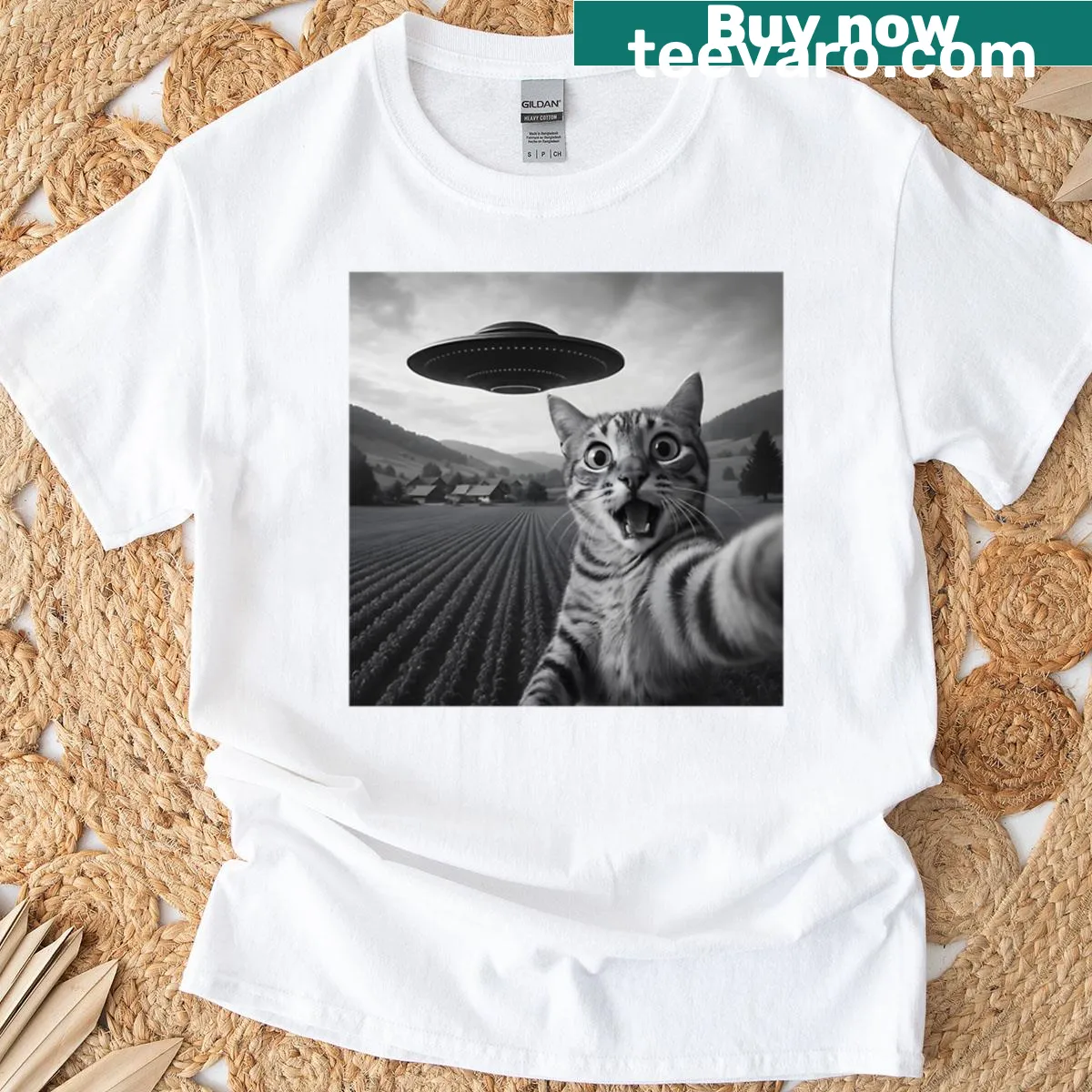 Funny Cat Selfie with Alien UFO t-shirt featuring playful cartoon graphic — on a men's t-shirt