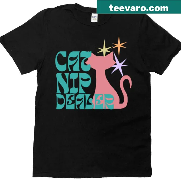 Funny Catnip Dealer t-shirt for cat lovers with humorous text design.