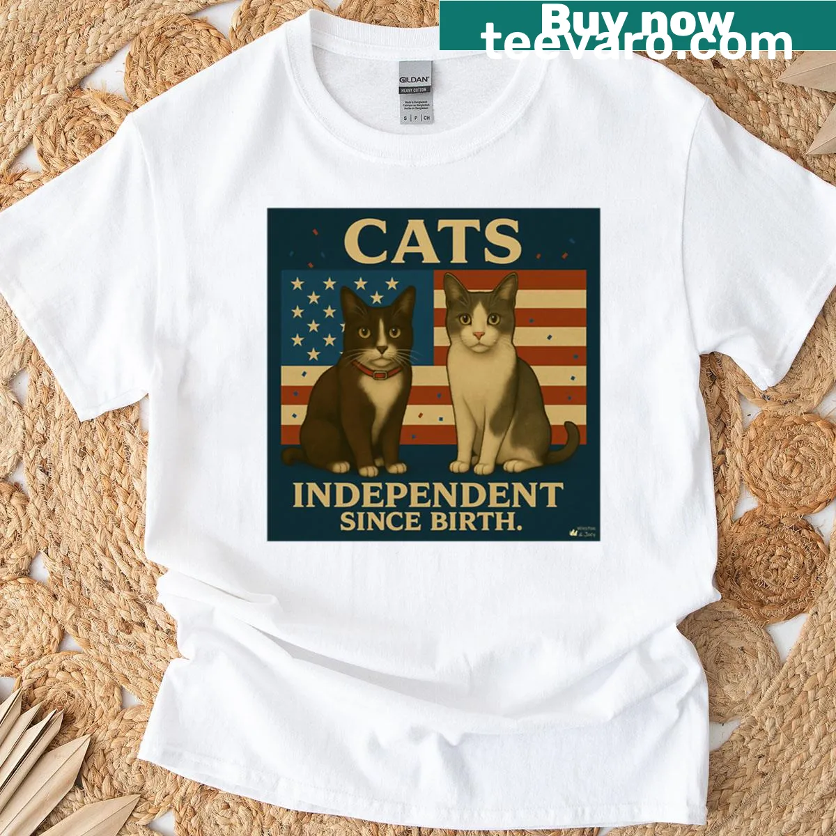 Patriotic T-shirt with 'Cats Independent Since Birth' text — on a men's t-shirt