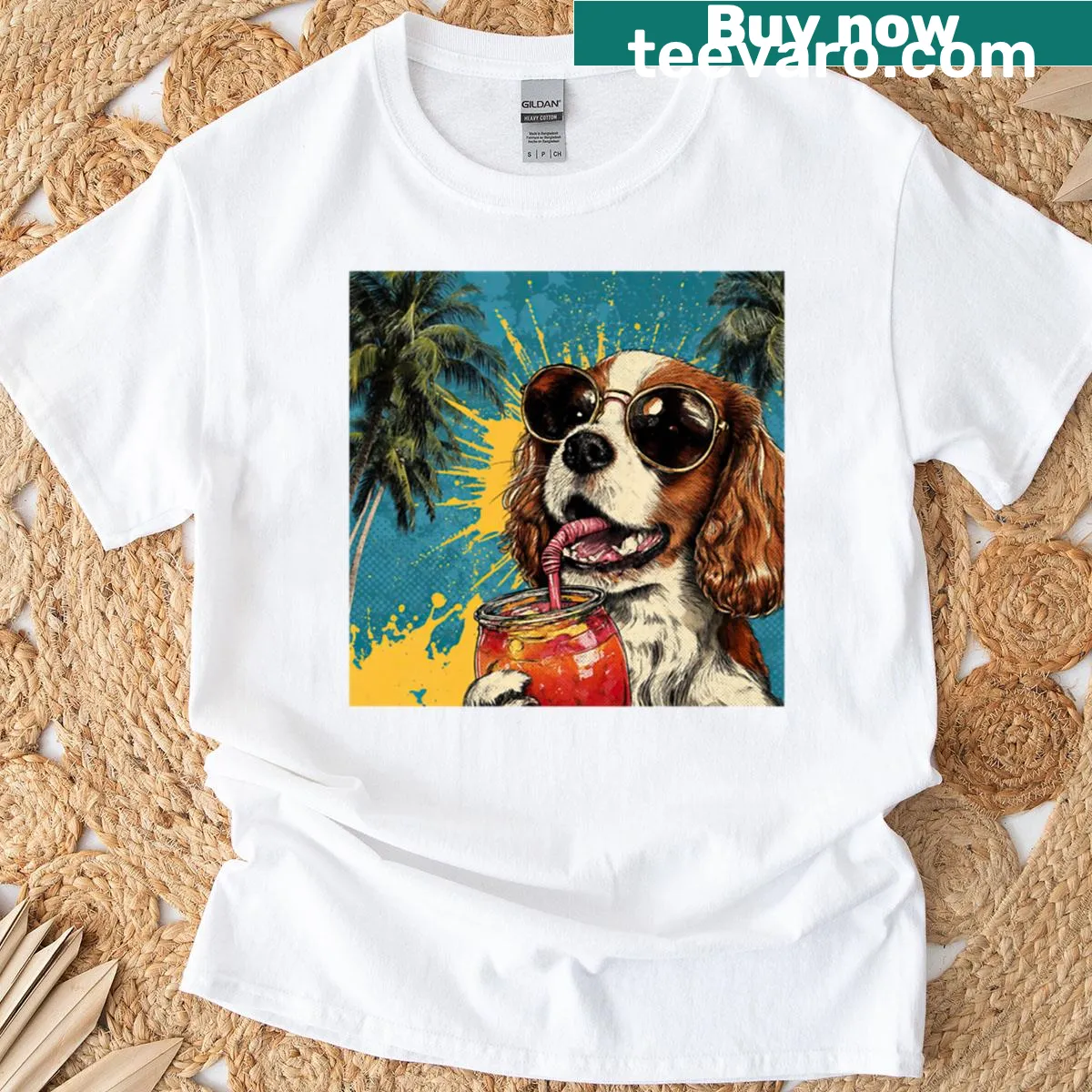 Oversized T-shirt featuring a dog drinking punch in a summer scene — on a men's t-shirt