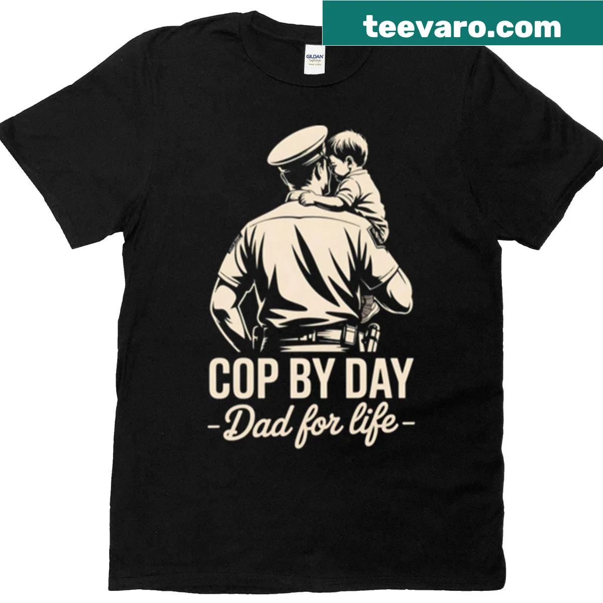 Illustration t-shirt for police dads with the text 'Cop By Day, Dad For Life' — on a men's t-shirt