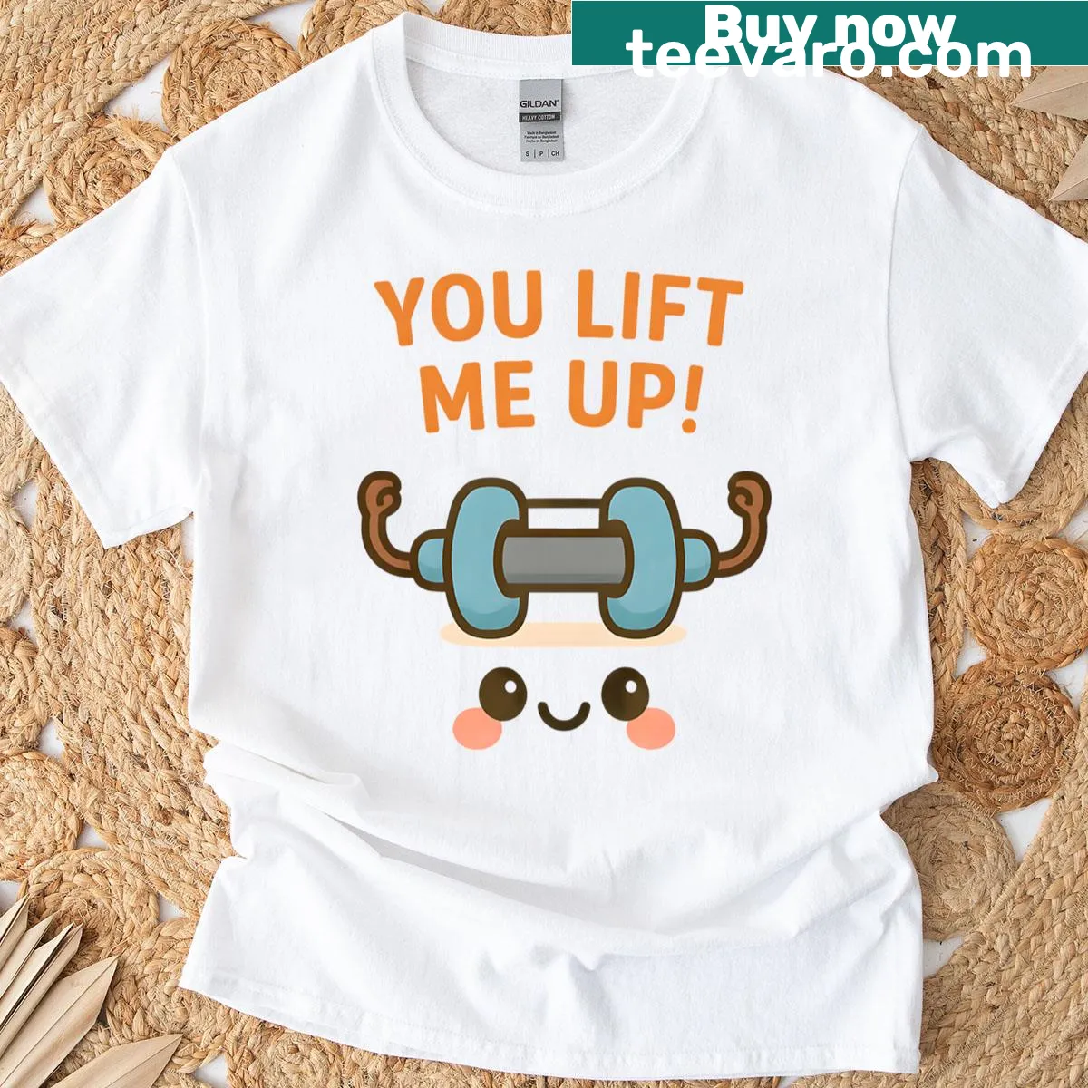Playful T-shirt featuring a kawaii dumbbell with arms and uplifting text — on a men's t-shirt