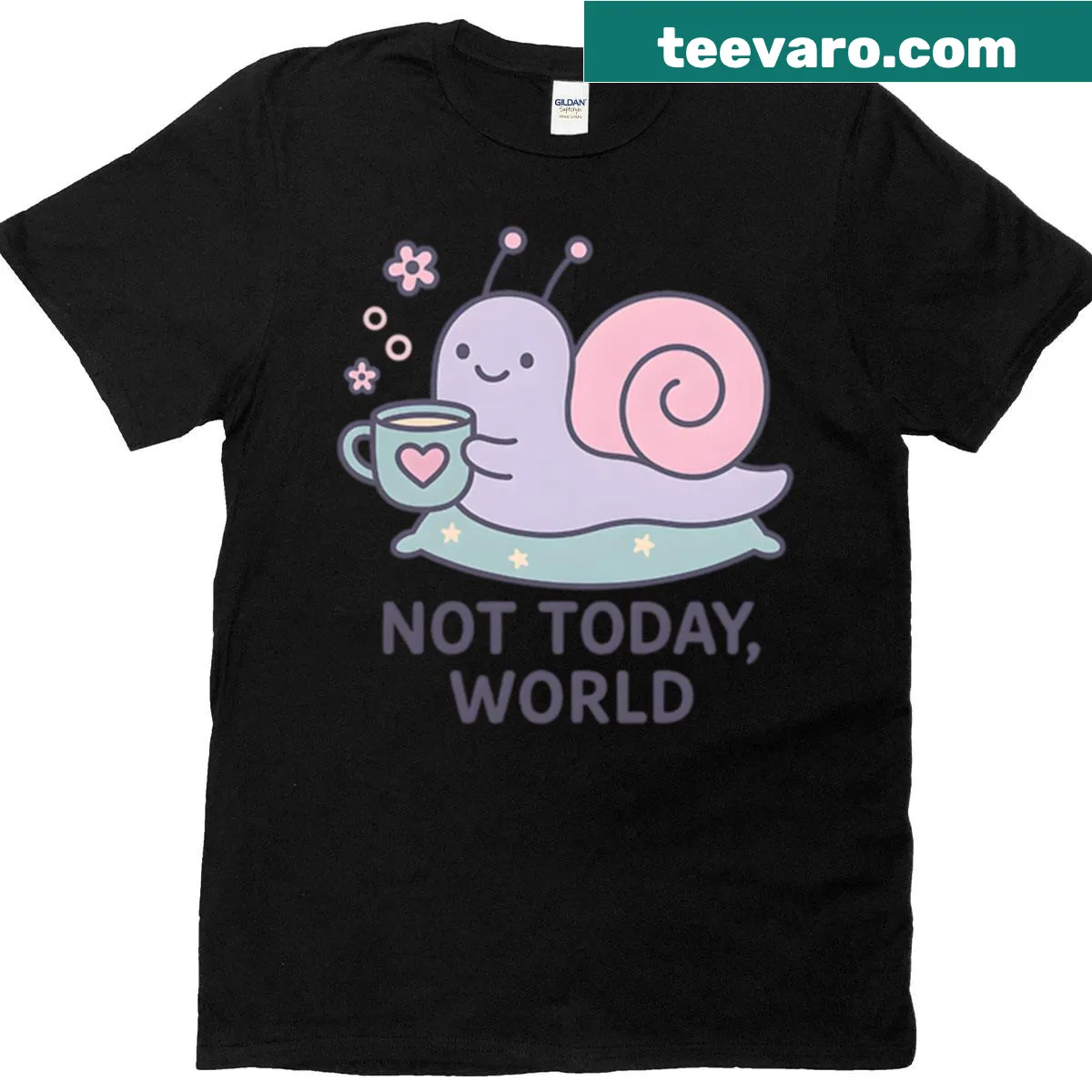 Cute snail graphic with the quote 'Not Today, World' on a t-shirt. — on a men's t-shirt