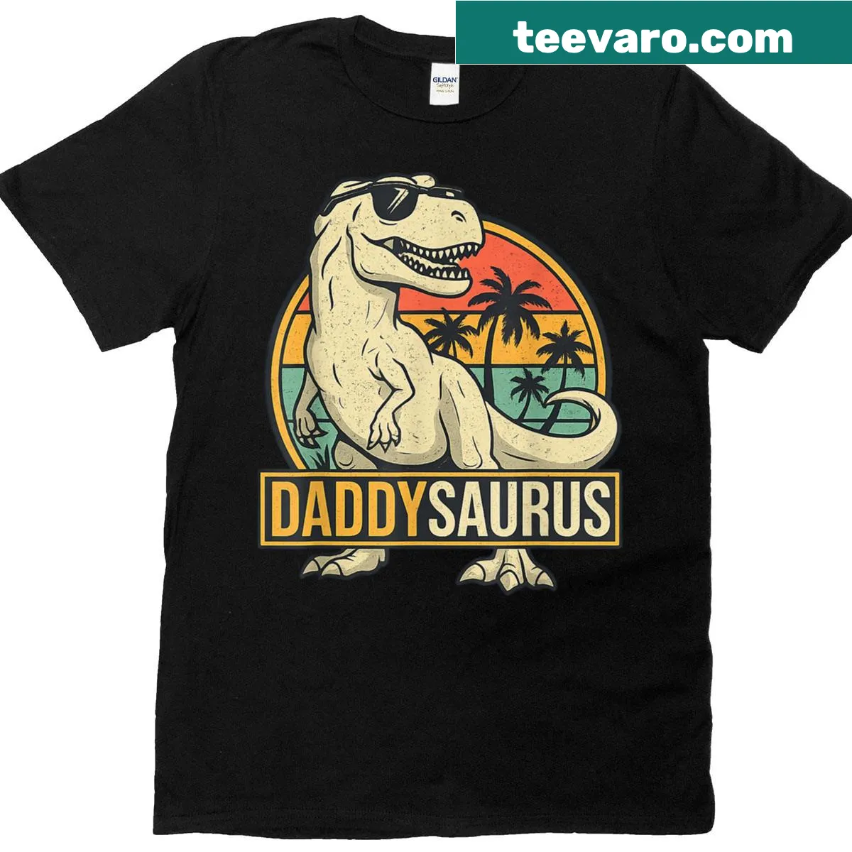 Matching family Daddysaurus T-shirt with T-Rex design — on a men's t-shirt
