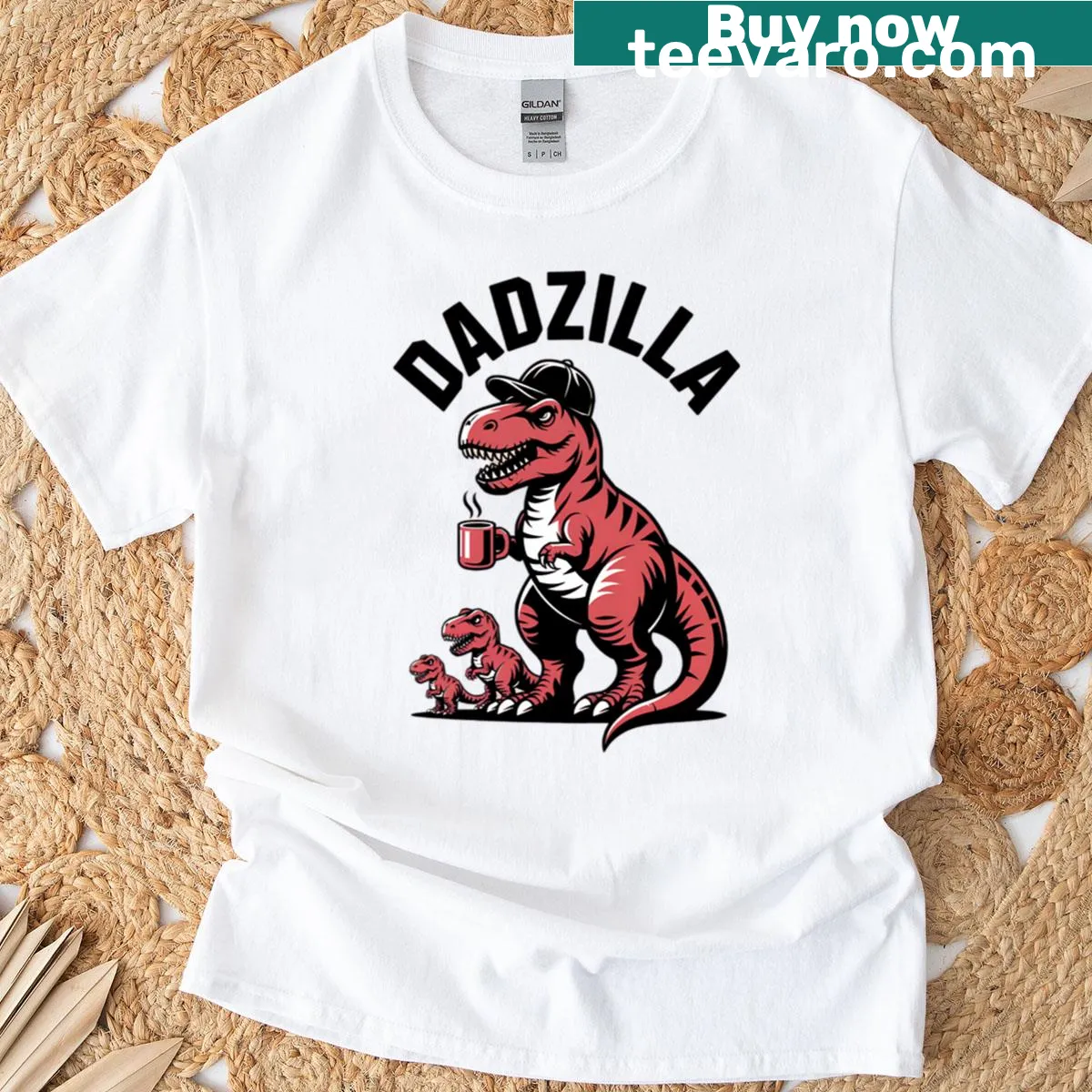 Bold Dadzilla t-shirt with geometric T-rex graphic — on a men's t-shirt