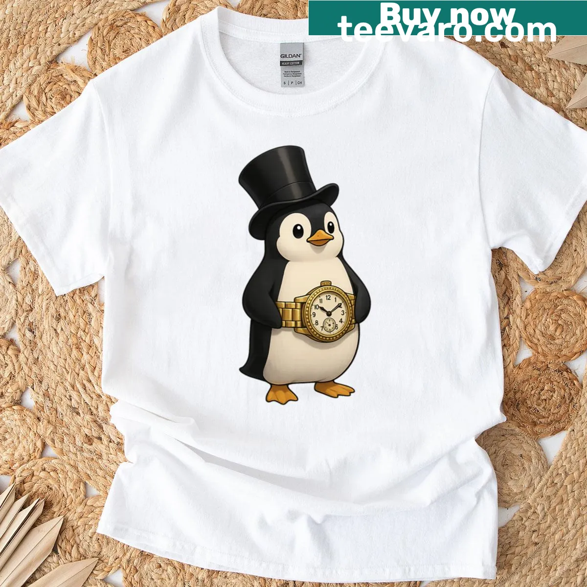Illustration of a dapper penguin in a top hat and watch belt — on a men's t-shirt