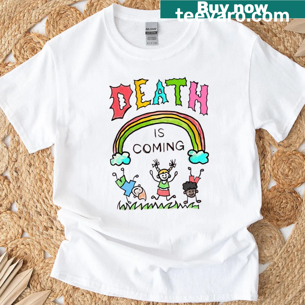 T-shirt with bold text reading 'Death Is Coming'. — on a men's t-shirt