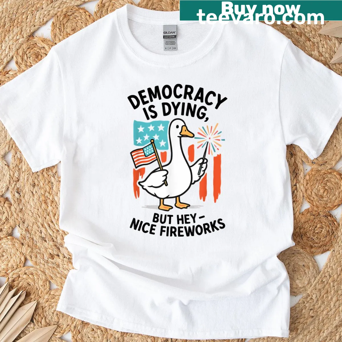 T-shirt with a humorous duck graphic and text for July 4th. — on a men's t-shirt