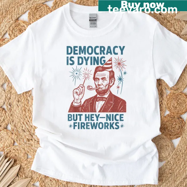Illustrative T-shirt featuring fireworks and Abe Lincoln with text