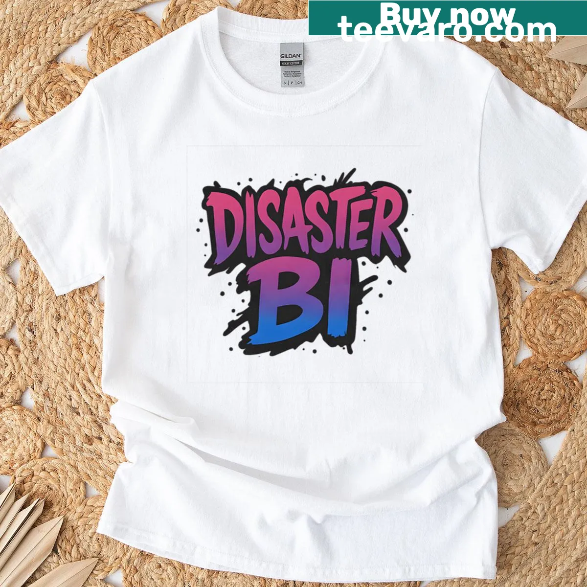 Bold gradient text design reading 'Disaster' on a pride-themed t-shirt — on a men's t-shirt