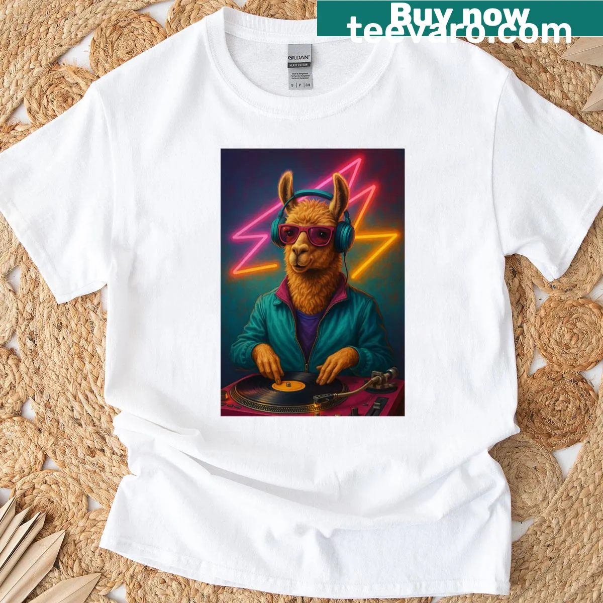 Playful DJ Lama T-shirt featuring whimsical llama illustration — on a men's t-shirt