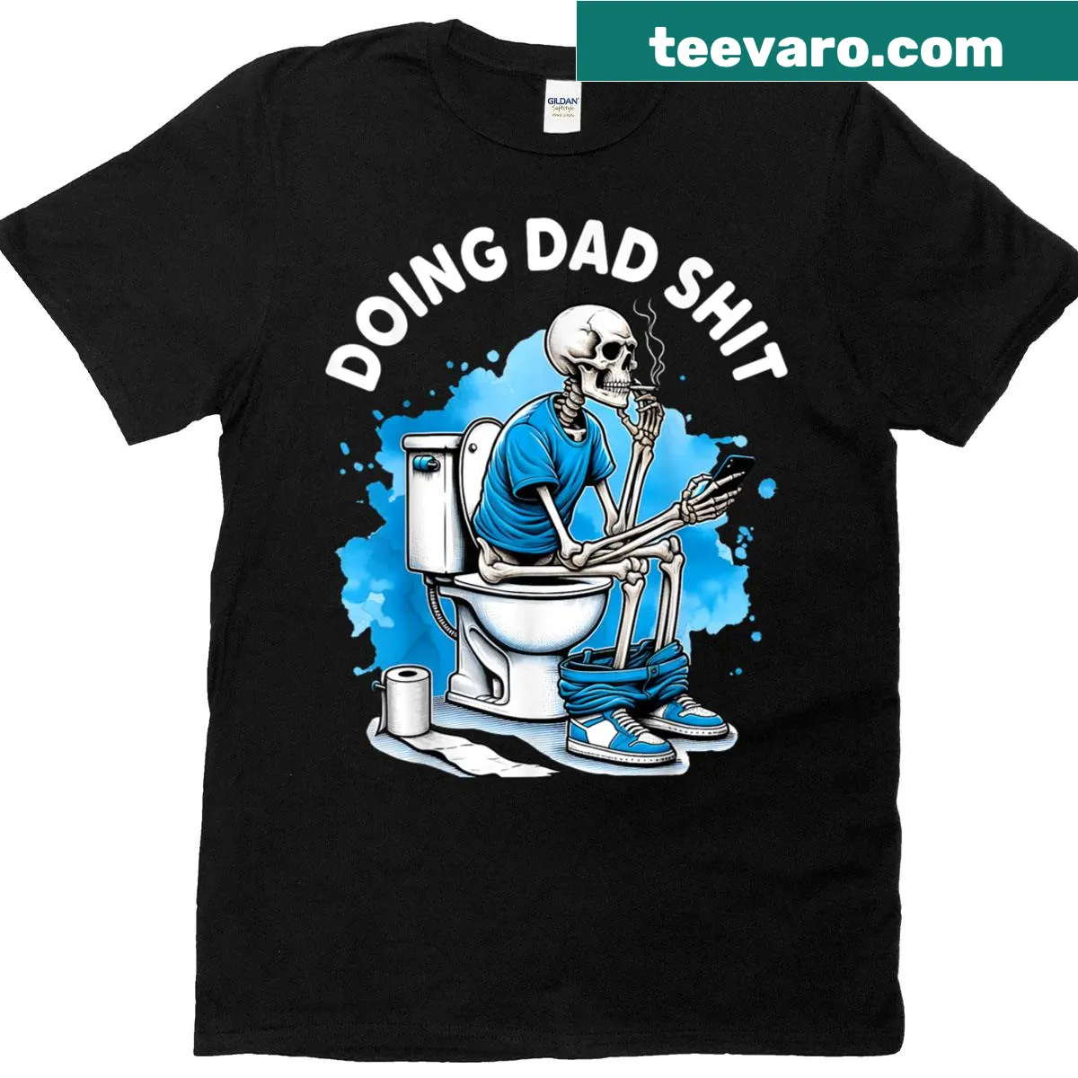 Skeleton engaged in various dad activities with humorous text — on a men's t-shirt
