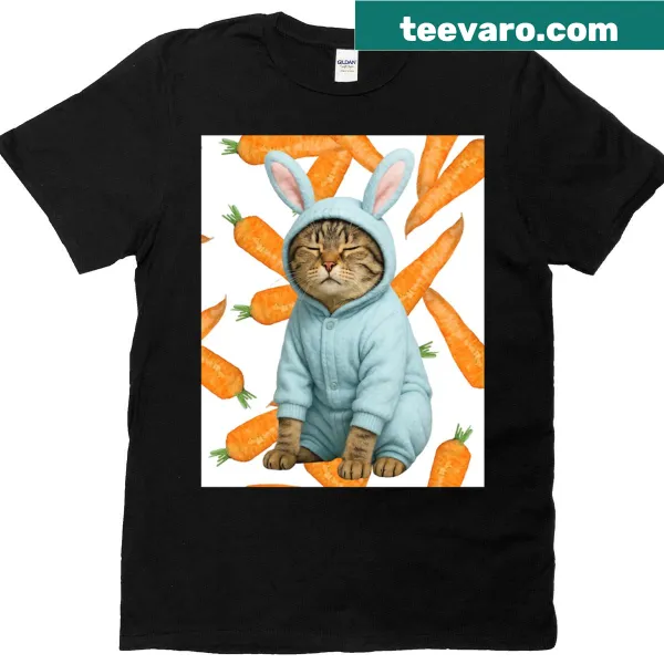 Cat dressed as an Easter Bunny on a cheerful graphic t-shirt
