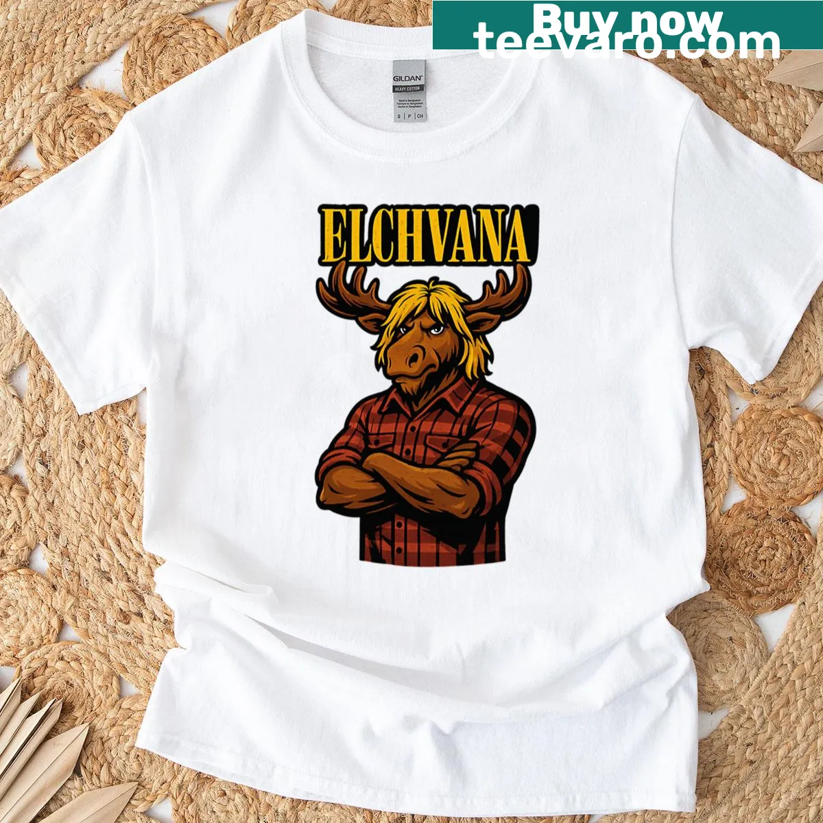 Elkvana Nirvana Moose Parody T-shirt with humorous graphic — on a men's t-shirt