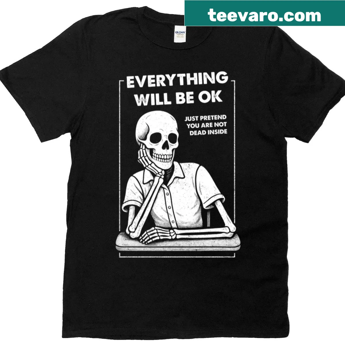 Skeleton graphic with the phrase 'Everything Will Be Ok' on t-shirt — on a men's t-shirt