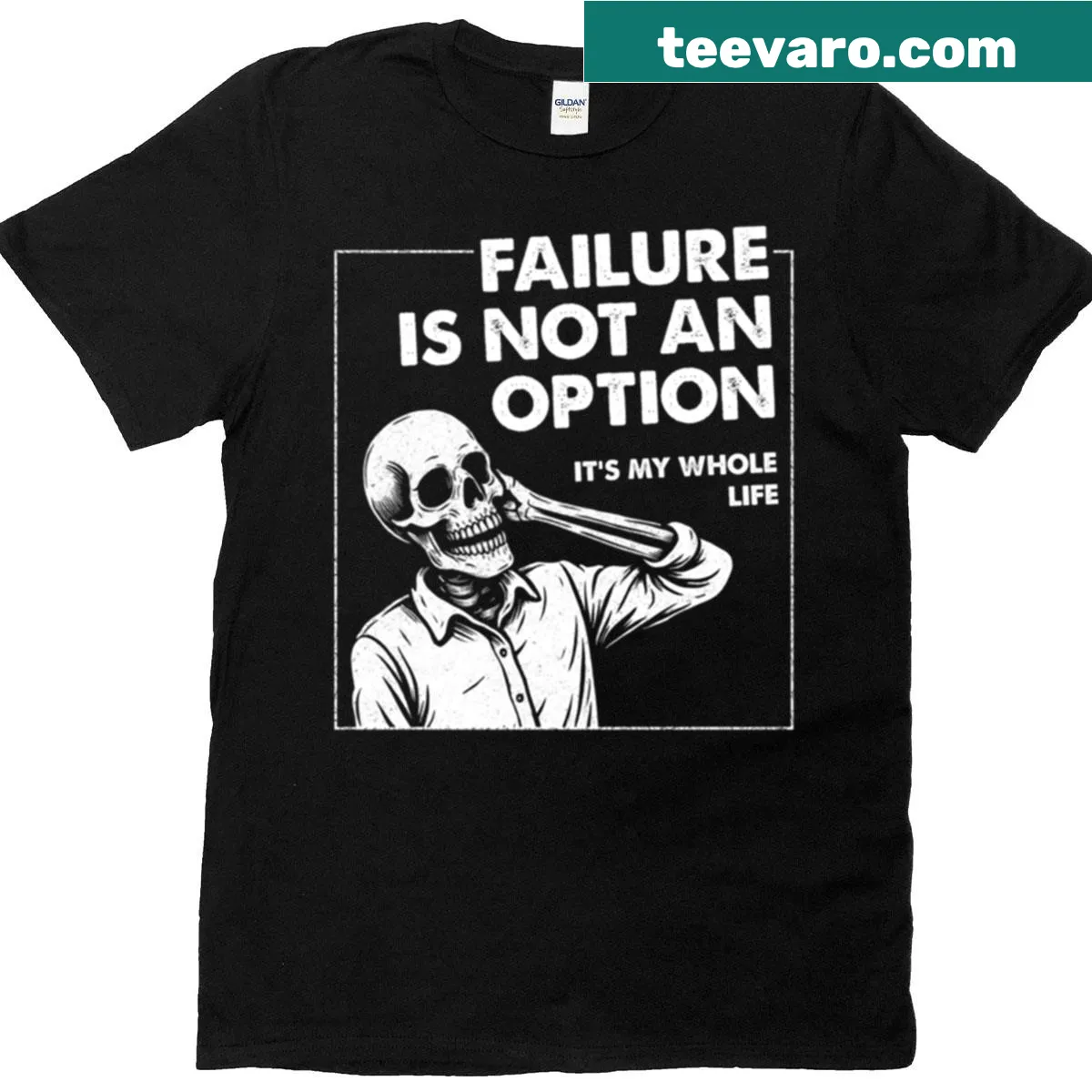 T-shirt with a skeleton graphic and text about failure — on a men's t-shirt