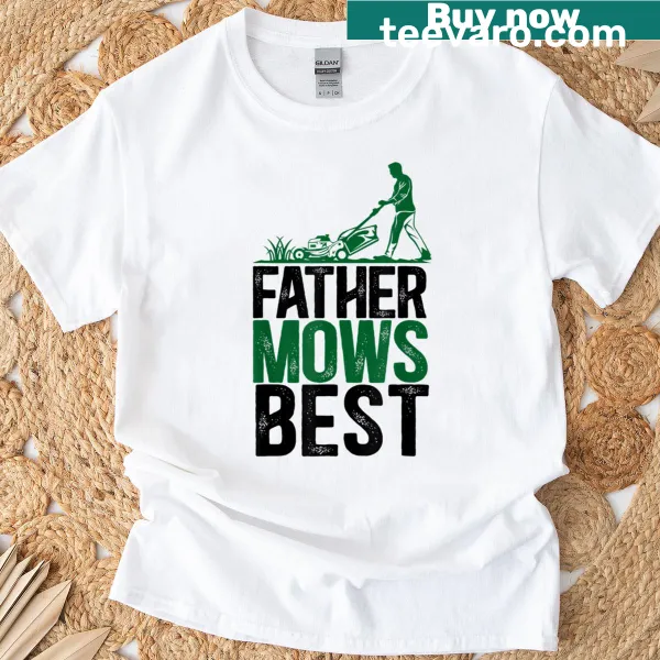 Playful lawn mower illustration on a 'Father Mows Best' T-shirt