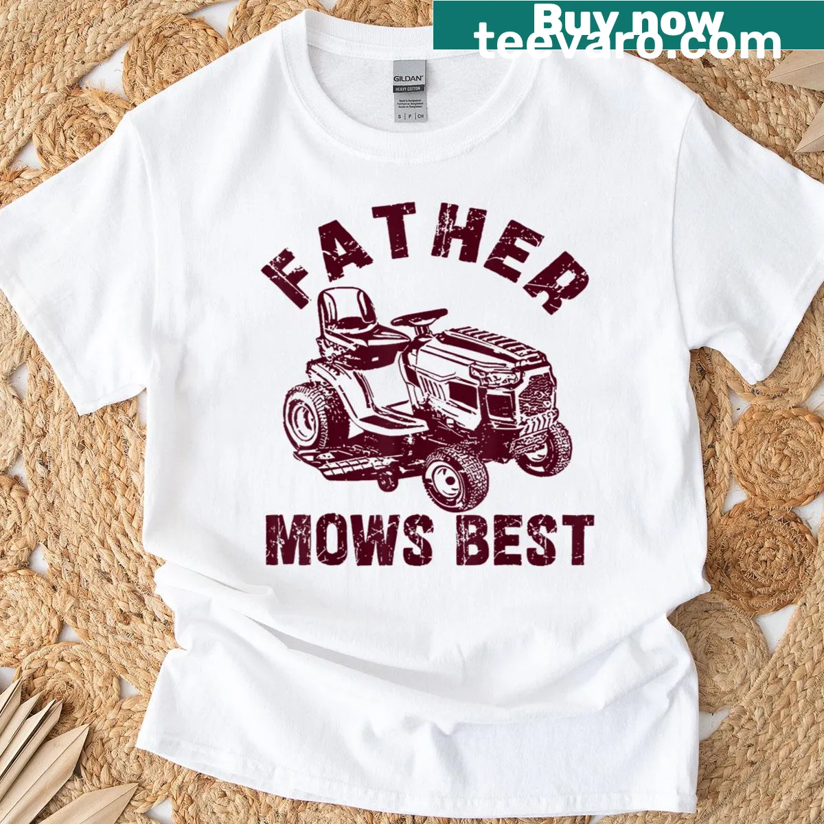 Retro lawn care graphic on a 'Father Mows Best' T-shirt — on a men's t-shirt