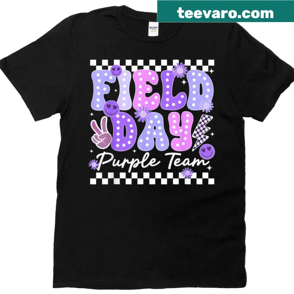 Purple team color T-shirt with fun field day graphics for kids