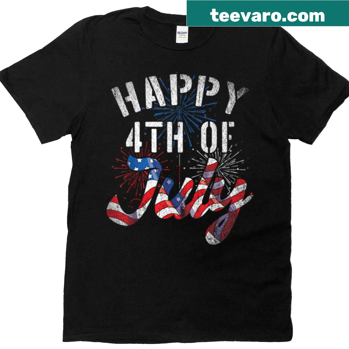 4th of July T-shirt with fireworks and U.S. flag — on a men's t-shirt