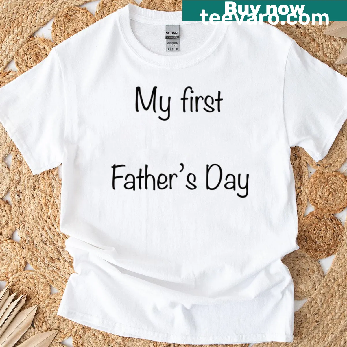 Sentimental First Father's Day t-shirt with celebratory text — on a men's t-shirt